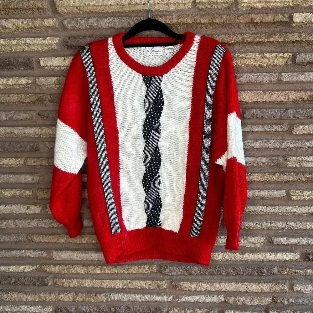 Eddie Dassin Vintage 90s Red Geometric Pattern Casual Sweater Size Medium - Picture 2 of 9
